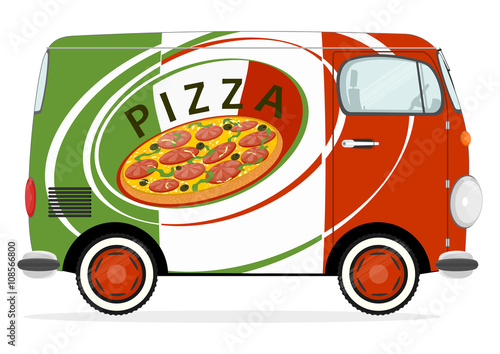 Funny cartoon pizza delivery van. Flat vector