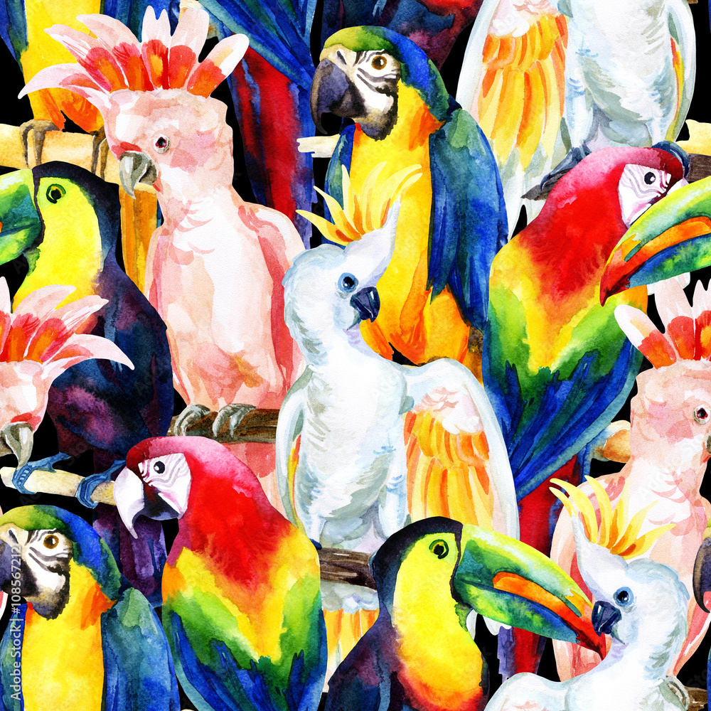 Naklejka premium watercolor parrots seamless pattern