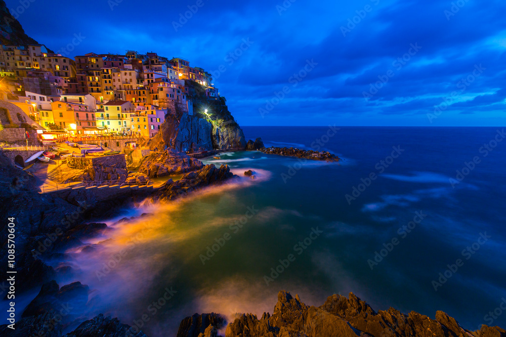 Night scenery in Cinque Terre, Italy, in spring