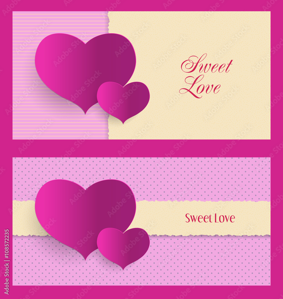 cards for Valentine's Day with hearts, text, torn paper effect a