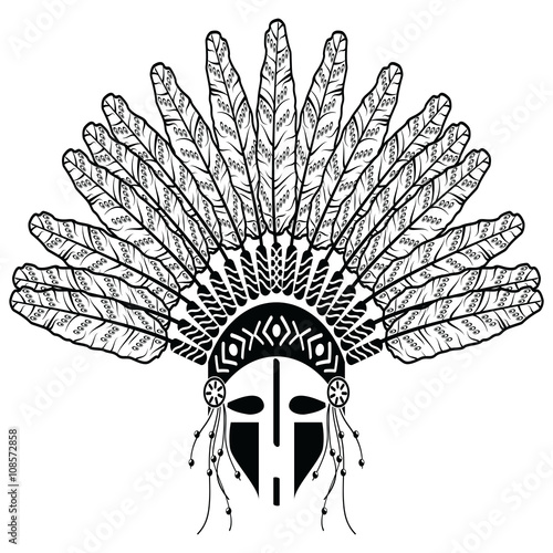 Aztec, ethnic style headdress with decorative feathers, beads symbolizing native American tribes and warrior culture in black and white with decorative ornaments and warrior make up 
