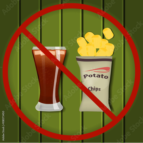 No fast food. Glass of cola with ice and a packet of potato chips in a red slashed circle on a wooden surface. No fast food illustration. No fast food background. No fast food realistic vector image