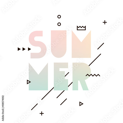 Inscription summer typography design on a white background with geometric uzorami.Pastel color print for hipster cards, flyers. Modern style thin liniiya.
