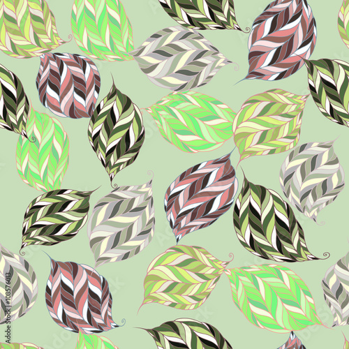 vector seamless pattern of psychedelic shapes in the form of leaves on a green background.