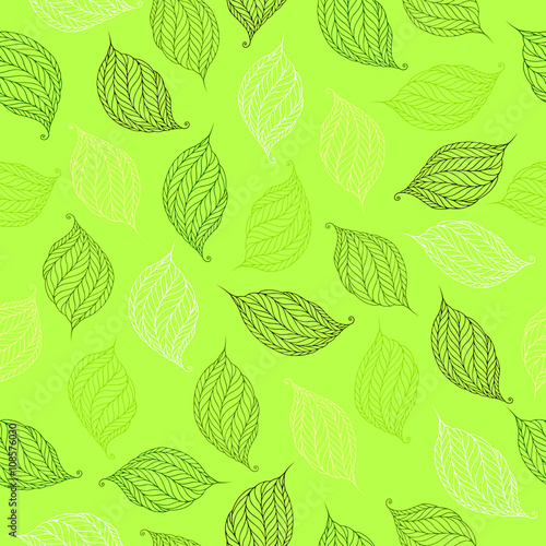 vector seamless pattern of psychedelic shapes in the form of leaves on a green background.
