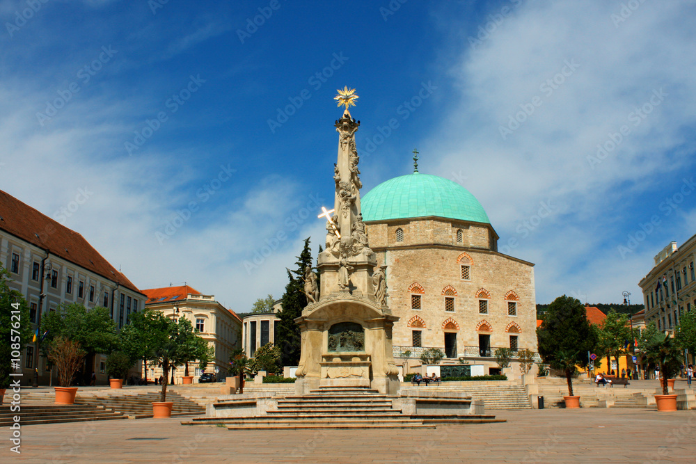 Szechenyi Square in Pecs with mosque, Southern Hungary..