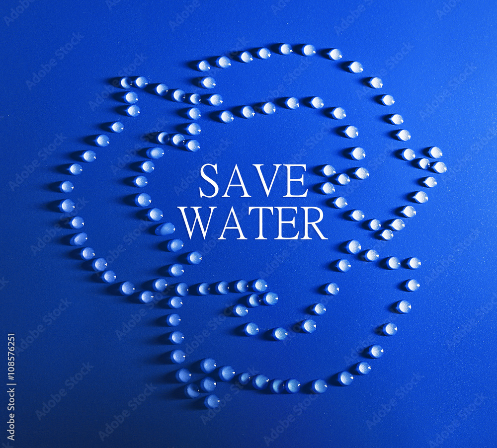 Save water concept. Recycle sign made of water drops and text on blue background
