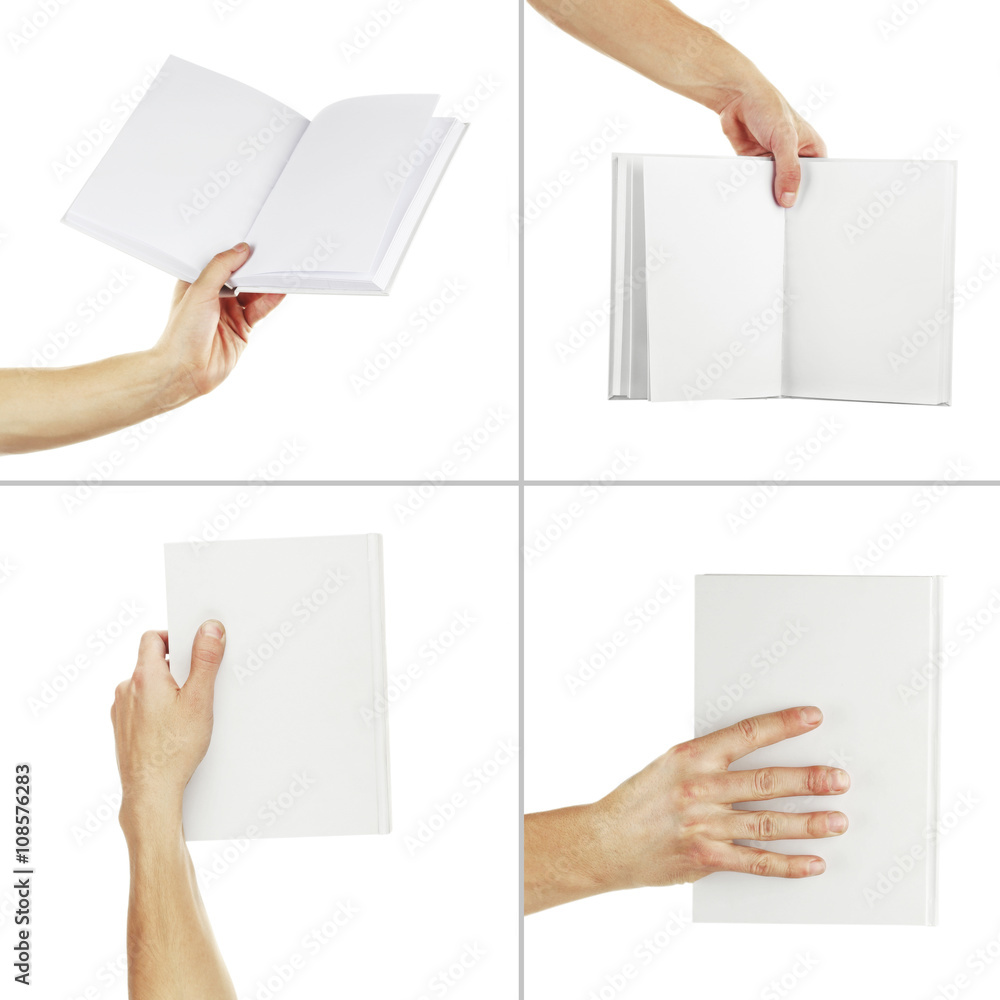 Man hands holding books isolated on white in collage Man hands holding books isolated on white in collage