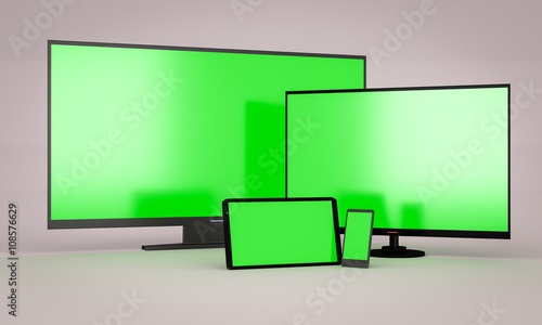 green chromakey tv, monitor, tablet and phone mockup