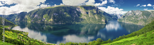 Beautiful panorama with view to Aurland, Aurlandfjord and Sognefjord from Stegastein in Norway, Europe. Sognefjord is largest and second longest fjord in the world.  photo