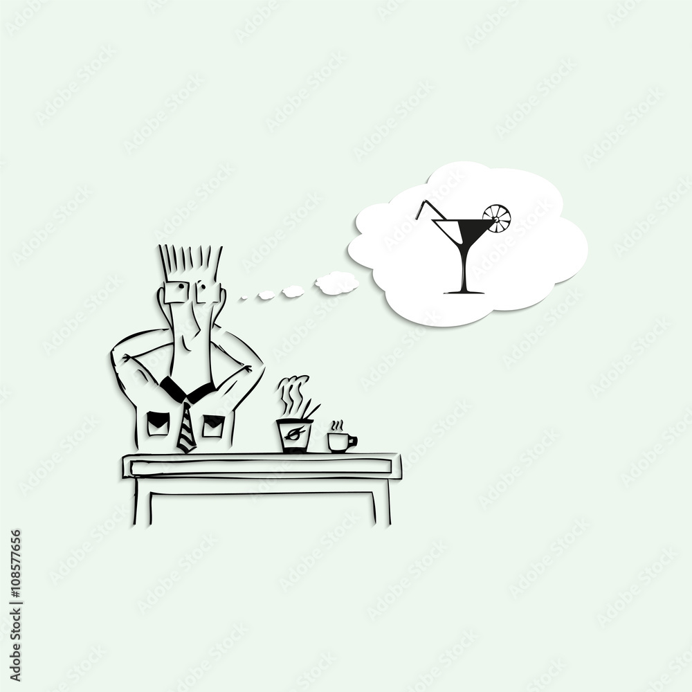 Dreams of alcohol the evening, during the lunch break at work. Vector illustration. Dreams of alcohol the evening, during the lunch break at work. Vector illustration.