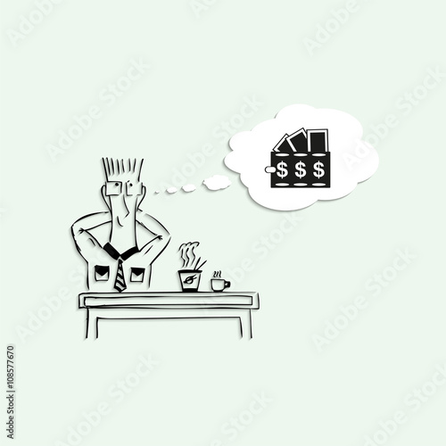 Dreams of a large amount of money in the lunch break at work. Vector illustration.