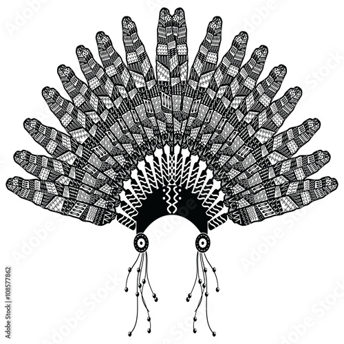 Headdress in Aztec style symbolizing Native American people in black and white in drawing style with decorative zentangle style feathers, beads and tribal ornaments 
