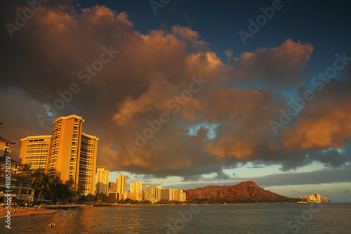 Diamond Head Volcano at sunset from Waikiki Beach Oahu, Hawaii