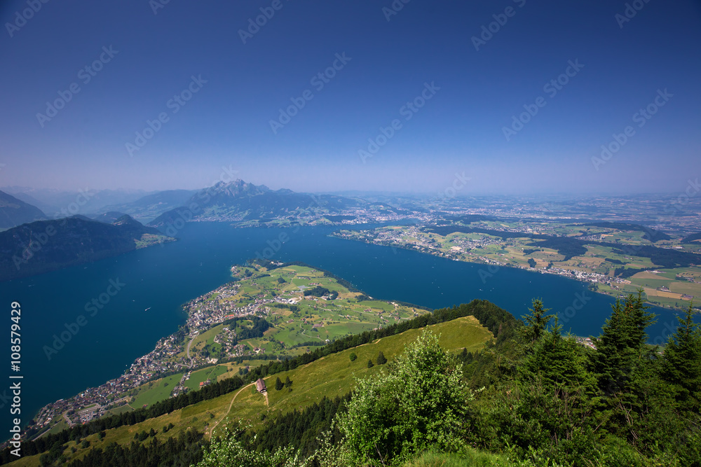 Beautiful view to Lucerne lake (Vierwaldstattersee ) and mountain Pilatus from Rigi, Swiss Alps, Central Switzerland