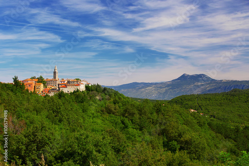 Old village with vineyard  blue sky and mountains in Labin  Istria  Croatia