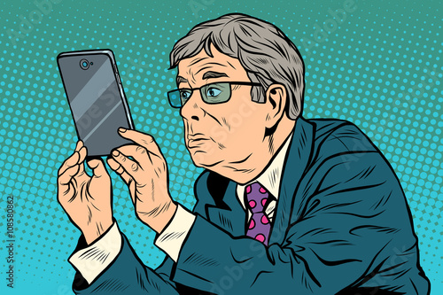 The funny man taking pictures with smartphone