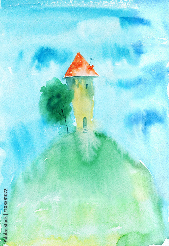 Fototapeta premium Watercolor painting. Little house with tree on the hill.
