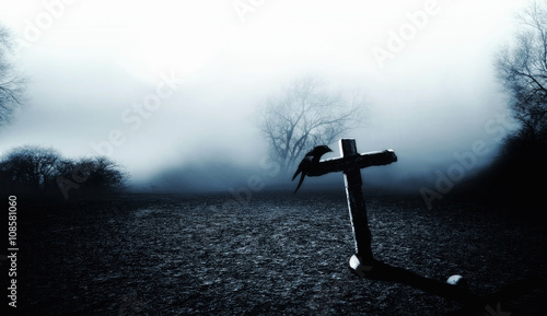 Crow sitting on a gravestone silhouette .	