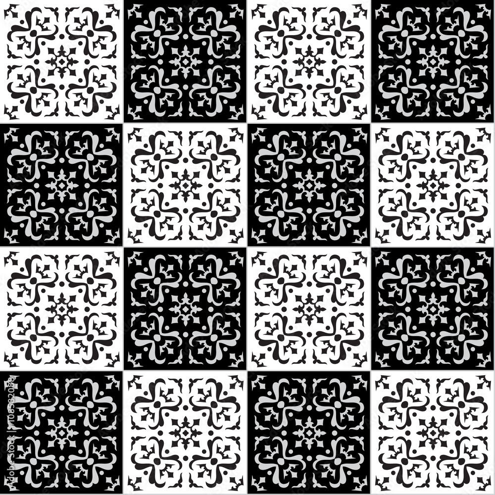 Hand drawing seamless pattern for tile in black and white colors.