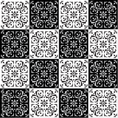 Hand drawing seamless pattern for tile in black and white colors.
