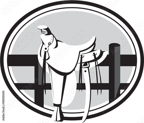 Old Style Western Saddle on Fence Oval Black and White