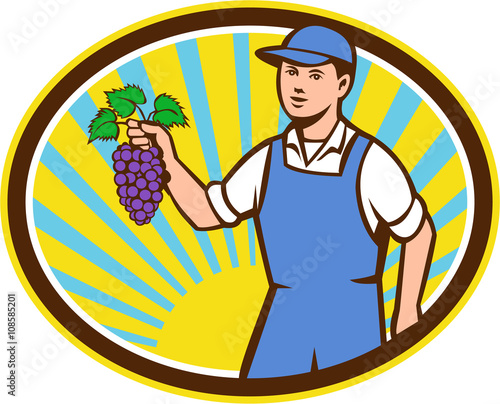 Organic Farmer Boy Holding Grapes Oval Retro