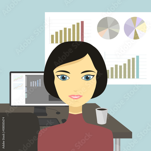 Cartoon illustration of a beautiful woman is working in the office.