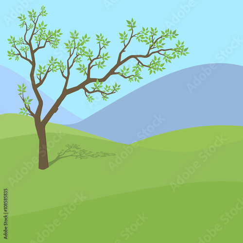 Cartoon illustration of a tree in a summer field on a background of mountains and blue sky.