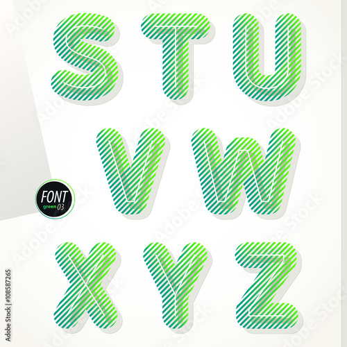 Green striped font. Translucent letters with slanted lines and flat shadows. Best to use for eco posters, cards, labels, journal headlines and book titles. Vector illustration.