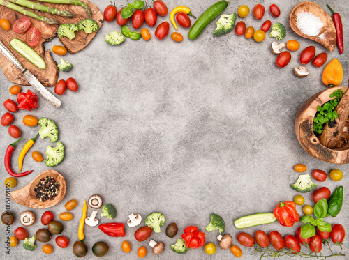Fresh vegetables and spices. Food objects frame