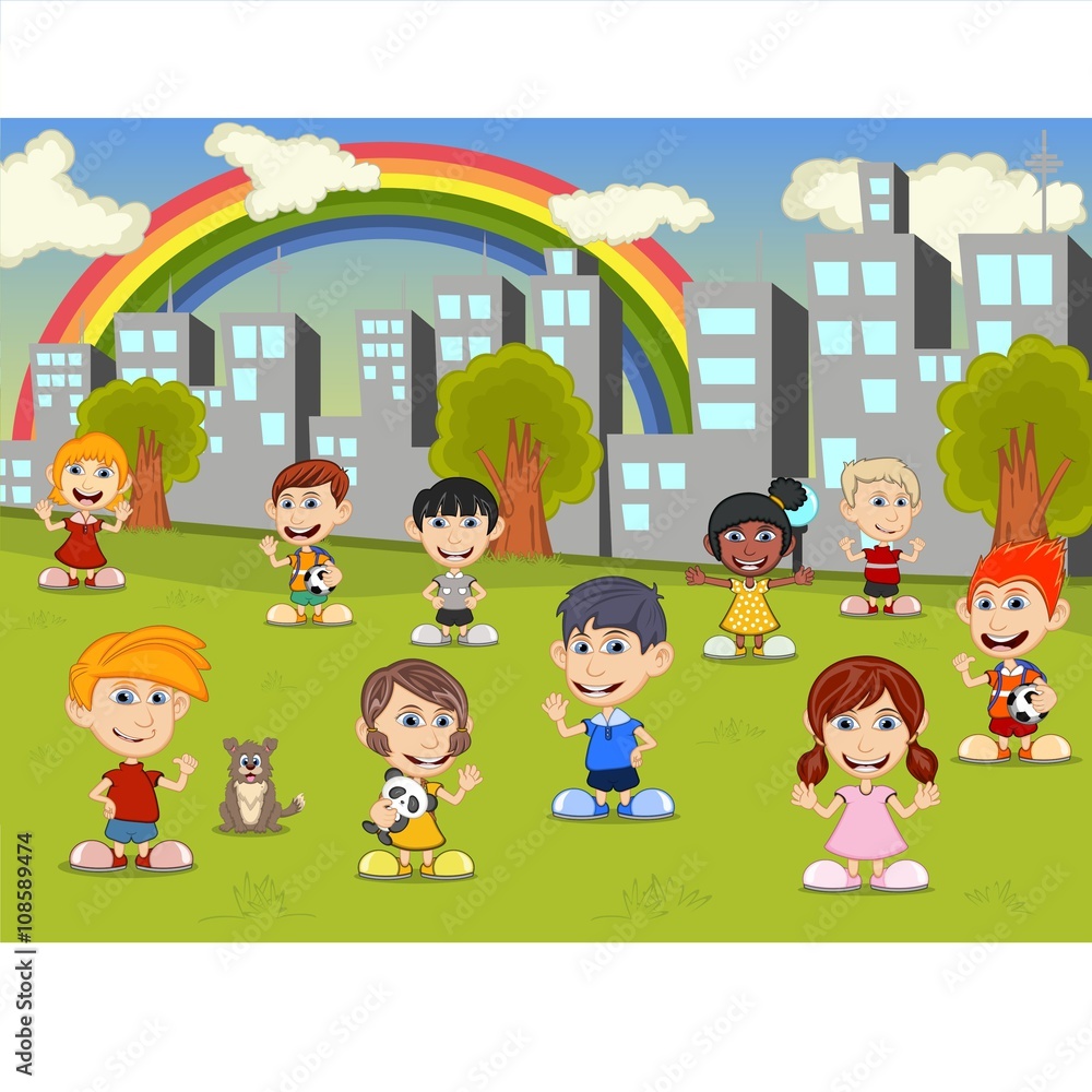 Little kids playing in the city park with rainbow cartoon