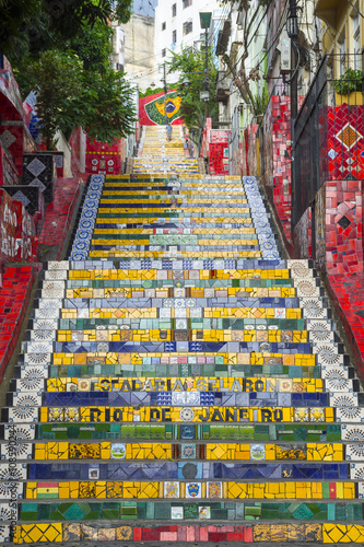Rare empty view of colorful mosaic tiles at the Escadaria Selaron Steps in Lapa, usually crowded with tourists