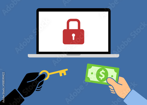 Locked computer ransomware with hands holding money and key flat vector illustration photo