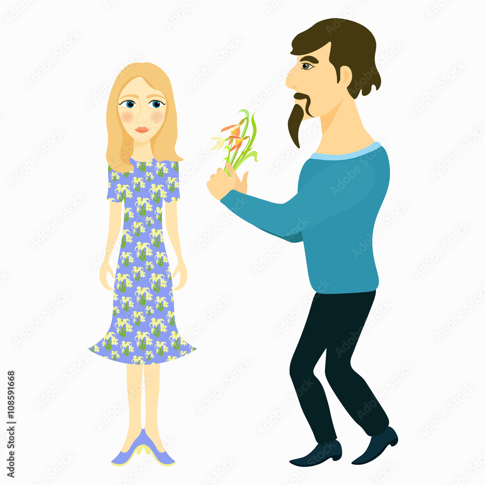 couple man gives flowers and girl blue. illustration couple man gives flowers and girl blue. illustration