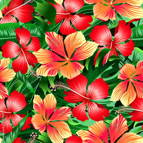 Tropical orange and red variegated hibiscus flowers seamless pat