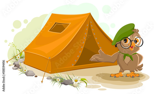 Summer holiday camp. Scout owl standing near tent. Owl bird tourist tent set. Camping