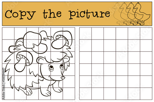 Children games: Copy the picture. Little cute hedgehog with mushrooms in his needles.