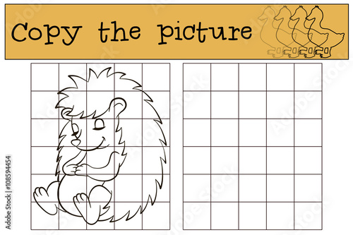 Children games: Copy the picture. Little cute hedgehog sleeps and smiles.