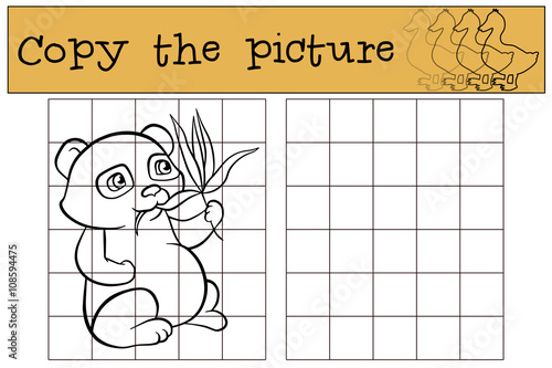 Fototapeta Naklejka Na Ścianę i Meble -  Children games: Copy the picture. Little cute panda eats leaves.