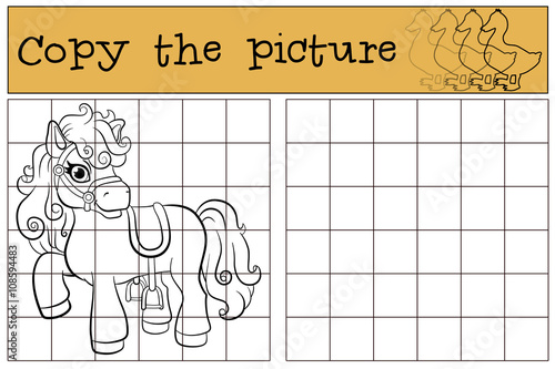 Children games: Copy the picture. Little cute pony stands and smiles.