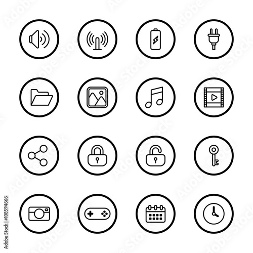 black line web icon set with circle frame for web design, user interface (UI), infographic and mobile application (apps)