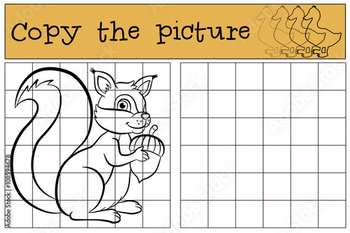 Children games: Copy the picture. Little cute squirrel holds an acorn in the nahds.