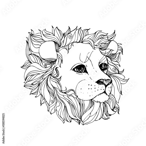 hand drawn ink doodle lion on white background. Coloring page - zendala, design for adults, poster, print, t-shirt, invitation, banners, flyers.
