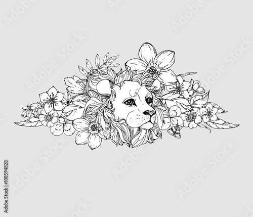 hand drawn ink doodle lion on white background. Coloring page - zendala, design for adults, poster, print, t-shirt, invitation, banners, flyers.