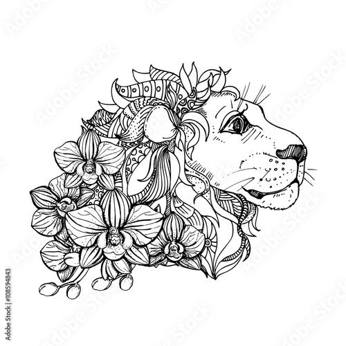 hand drawn ink doodle lion and orchid on white background. Coloring page - zendala, design for adults, poster, print, t-shirt, invitation, banners, flyers.