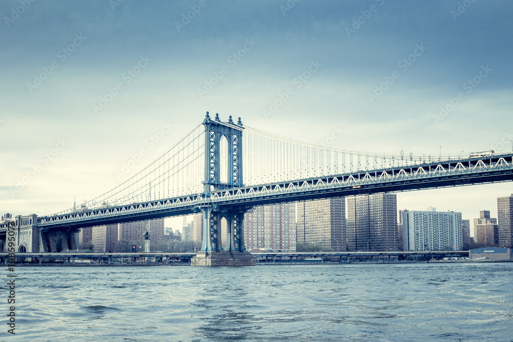 Manhattan bridge, Manhattan New York. Urban living and transportation concept. Vintage color post processed