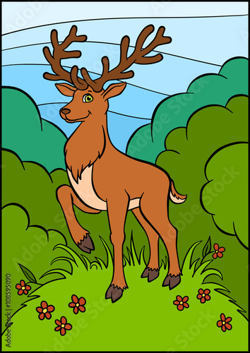 Little cute deer stands on the clearing in the forest.