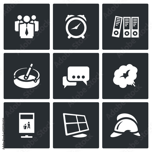 Vector Set of Office Fire Alarm Icons. Team, Time, Documentation, Smoko, Communication, Smoke, Urn, Surveillance, Firefighter
