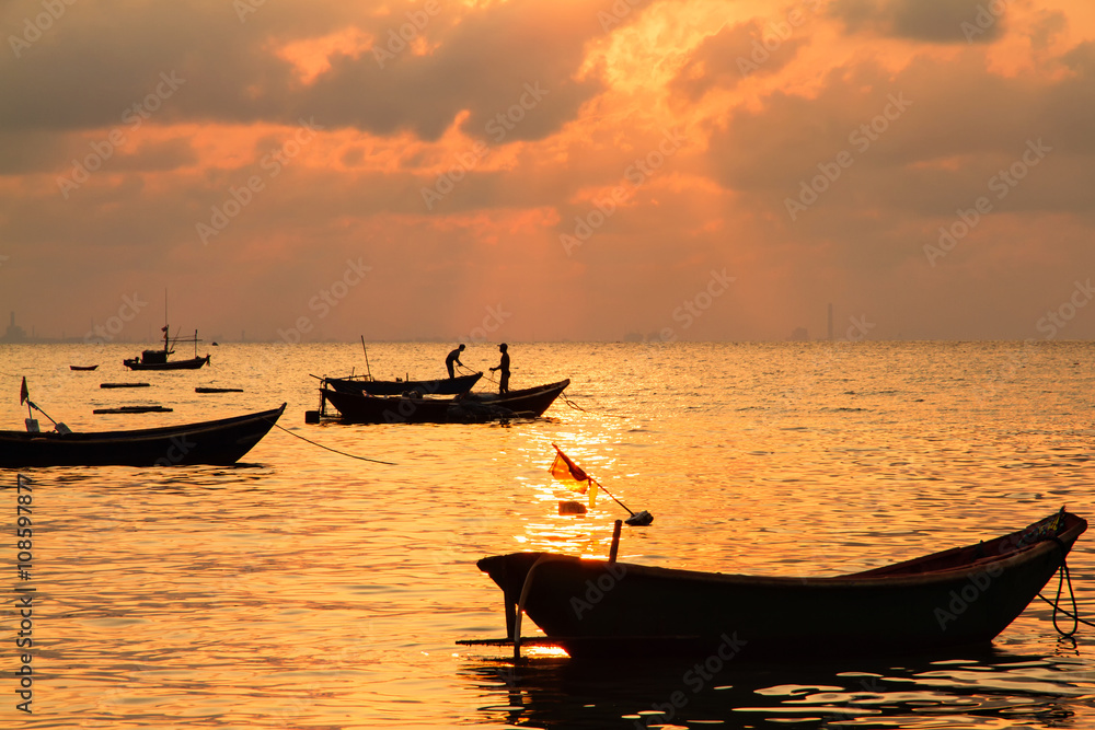 Fishing boats, small boats floating in the sea at sunrise, Conce